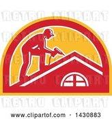 Vector Clip Art of Retro Male Worker Using a Hand Drill on a Roof in a White, Red and Orange Half Circle by Patrimonio
