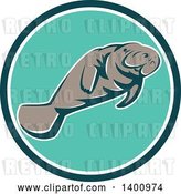 Vector Clip Art of Retro Manatee Swimming in a Teal White and Turquoise Circle by Patrimonio