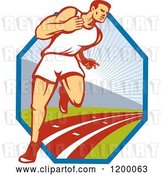 Vector Clip Art of Retro Marathon Runner Guy on a Track over a Hexagon by Patrimonio