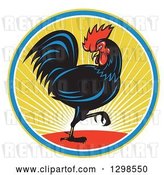 Vector Clip Art of Retro Marching Black Rooster in a Circle of Sunshine by Patrimonio