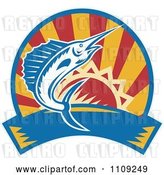 Vector Clip Art of Retro Marlin Jumping over a Sunset Circle and Banner by Patrimonio