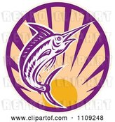 Vector Clip Art of Retro Marlin Jumping over a Sunset Circle by Patrimonio