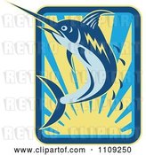 Vector Clip Art of Retro Marlin Jumping over a Sunset with Droplets by Patrimonio