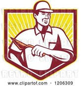 Vector Clip Art of Retro Mason Worker Guy with a Trowel over a Ray Crest Shield by Patrimonio
