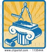 Vector Clip Art of Retro Masonry Trowel Compass Mallet and Column over Rays by Patrimonio