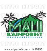 Vector Clip Art of Retro Maui Rainforest Design with a Waterfall, Palm Trees and Mountains by Patrimonio