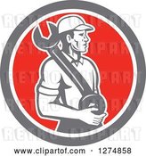 Vector Clip Art of Retro Mechanic Guy Holding a Giant Spanner Wrench in a Taupe White and Red Circle by Patrimonio