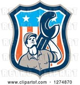 Vector Clip Art of Retro Mechanic Guy Holding a Giant Spanner Wrench in an American Flag Shield by Patrimonio