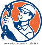Vector Clip Art of Retro Mechanic Guy Holding a Spanner Wrench in a Blue White and Orange Circle by Patrimonio