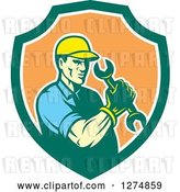 Vector Clip Art of Retro Mechanic Guy Holding a Spanner Wrench in a Green White and Orange Shield by Patrimonio