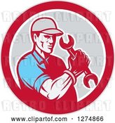 Vector Clip Art of Retro Mechanic Guy Holding a Spanner Wrench in a Red White and Gray Circle by Patrimonio