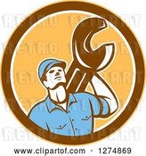 Vector Clip Art of Retro Mechanic Guy Holding a Spanner Wrench in a Yellow Brown and White Circle by Patrimonio