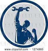 Vector Clip Art of Retro Mechanic Guy Pumping His Fist and a Spanner Wrench in a Blue White and Gray Circle by Patrimonio