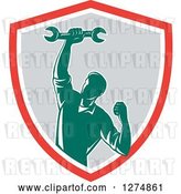 Vector Clip Art of Retro Mechanic Guy Pumping His Fist and a Spanner Wrench in a Red White and Gray Shield by Patrimonio