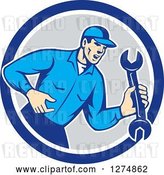 Vector Clip Art of Retro Mechanic Guy Shouting and Holding a Spanner Wrench in a Blue White and Gray Circle by Patrimonio