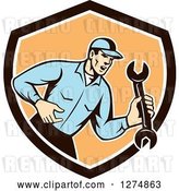 Vector Clip Art of Retro Mechanic Guy Shouting and Holding a Spanner Wrench in a Brown White and Orange Shield by Patrimonio