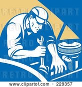 Vector Clip Art of Retro Mechanic Working on an Engine by Patrimonio