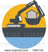 Vector Clip Art of Retro Mechanical Digger Machine Moving a House in a Yellow Gray and Blue Circle by Patrimonio
