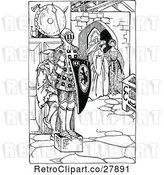 Vector Clip Art of Retro Medieval Jester Hiding Behind a Knight Statue by Prawny Vintage