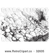 Vector Clip Art of Retro Men Running over Boulders to Catch a Ride in Black and White by Picsburg
