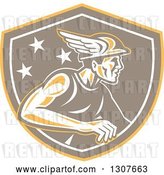 Vector Clip Art of Retro Mercury with Stars, Wearing a Winged Hat in a Yellow Brown and White Shield by Patrimonio