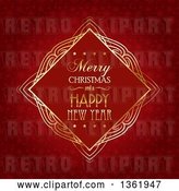 Vector Clip Art of Retro Merry Christmas and a Happy New Year Greeting in a Golden Frame over Red Snowflakes by KJ Pargeter