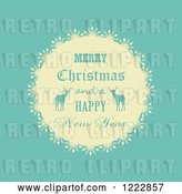 Vector Clip Art of Retro Merry Christmas and a Happy New Year Greeting with Reindeer over Turquoise by KJ Pargeter