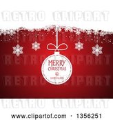 Vector Clip Art of Retro Merry Christmas and Happy New Year Bauble and Suspended Snowflakes over Red by KJ Pargeter