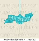 Vector Clip Art of Retro Merry Christmas Greeting on a Blue Ribbon Banner with a Snowflake Bauble over Beige by KJ Pargeter