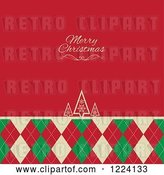 Vector Clip Art of Retro Merry Christmas Greeting on Red over Trees and Argyle by KJ Pargeter