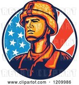 Vector Clip Art of Retro Military Soldier over an American Flag Circle by Patrimonio