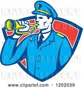 Vector Clip Art of Retro Military Soldier with a Bugle in a Red Shield Crest by Patrimonio