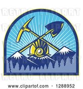 Vector Clip Art of Retro Miner Hardhat with a Crossed Shovel and Pickaxe over Snow Capped Mountains in a Forest and Sunshine Arch by Patrimonio