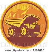 Vector Clip Art of Retro Mining Dump Truck in a Circle of Mountains and an Orange Sunset by Patrimonio