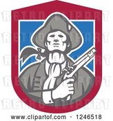 Vector Clip Art of Retro Minuteman Patriot with a Flintlock Pistol over a Shield by Patrimonio