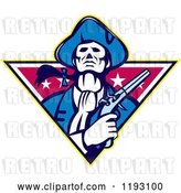 Vector Clip Art of Retro Minuteman Patriot with a Flintlock Pistol over a Star Triangle by Patrimonio