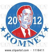 Vector Clip Art of Retro Mitt Romney Portrait in a Blue Circle with 2012 Romney Text by Patrimonio