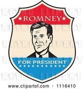 Vector Clip Art of Retro Mitt Romney Portrait in a Shield with Romney for President Text by Patrimonio