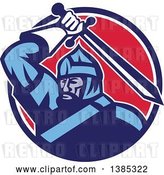 Vector Clip Art of Retro Mongol Horde Barbarian Warrior Wielding a Sword in a Blue White and Red Circle by Patrimonio