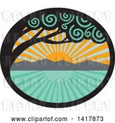 Vector Clip Art of Retro Monkeypod Tree Framing an Ocean Sunset or Sunrise Scene in an Oval by Patrimonio