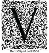 Vector Clip Art of Retro Monogram V Letter over Swirls by Prawny Vintage