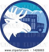 Vector Clip Art of Retro Moose Head and a School Bus in a Blue Mountain Circle by Patrimonio