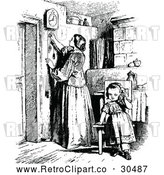 Vector Clip Art of Retro Mother Adjusting a Clock and Daughter by Prawny Vintage