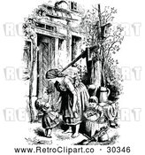 Vector Clip Art of Retro Mother and Children by a Water Pump by Prawny Vintage