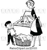 Vector Clip Art of Retro Mother and Son Folding and Washing Laundry by Prawny Vintage