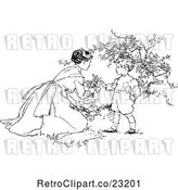 Vector Clip Art of Retro Mother and Son Picking Flowers by Prawny Vintage