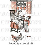 Vector Clip Art of Retro Mother and Son Sewing and Playing in Orange Tones by Prawny Vintage