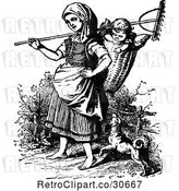 Vector Clip Art of Retro Mother with a Rake Dog and Baby in a Basket by Prawny Vintage