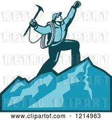 Vector Clip Art of Retro Mountain Climber Cheering on Top of a Mountain by Patrimonio