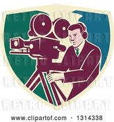 Vector Clip Art of Retro Movie Maker Camera Guy Working with a Tripod in a Shield by Patrimonio